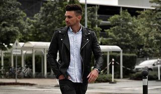 Picture of man wearing a Pure shirt with a leather jacket