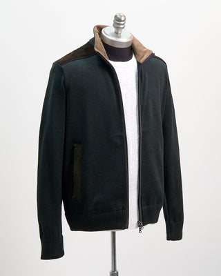 Paul  Shark Green Wool Full Zip Sweater With Velvet Details Green 
