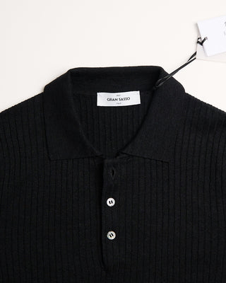 Gran Sasso Cotton  Linen Ribbed Fine Knit Polo Black 2 479