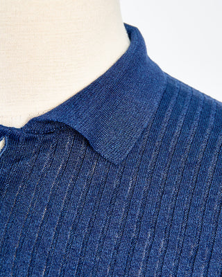 Gran Sasso Cotton  Linen Ribbed Fine Knit Polo Navy 1696