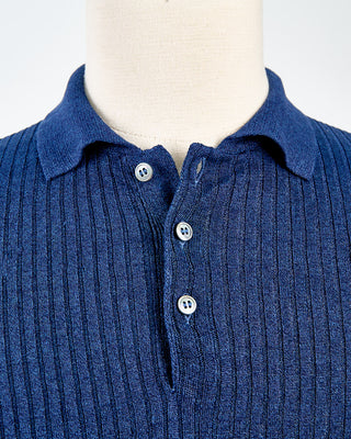 Gran Sasso Cotton  Linen Ribbed Fine Knit Polo Navy 1697