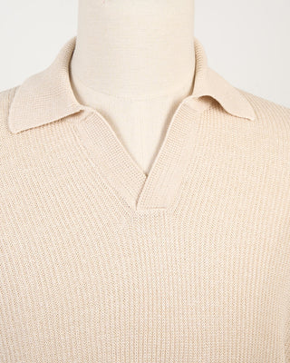Gran Sasso Linen  Cotton Long Sleeve Ribbed Johnny Collar Polo Cream 188