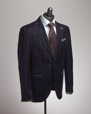 Luigi Bianchi Mantova Exclusive Wool Stretch Wide Bouclé Stripe Navy Suit Navy  Brown