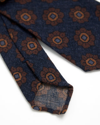 Paolo Albizzati Geometric Floral Wool Hand Rolled Tip Necktie Navy  Brown  2