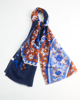 L.B.M. 1911 Midweight Floral Watermark Print Soft Wool Scarf Navy  Brown  3