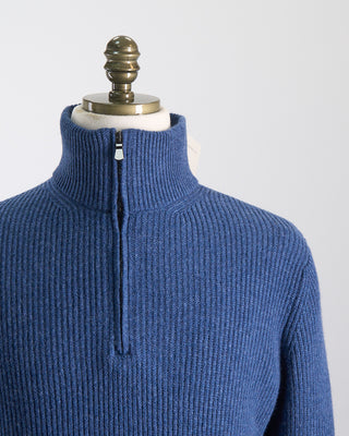 Filippo De Laurentiis Wardrobe Staple Cashmere Blend Ribbed Quarter Zip Sweater Blue 0 2