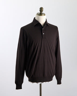 Filippo De Laurentiis Elegant Stand Up Collar Long Sleeve Fine Merino Polo Chocolate 0 1
