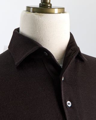 Filippo De Laurentiis Elegant Stand Up Collar Long Sleeve Fine Merino Polo Chocolate 0 2