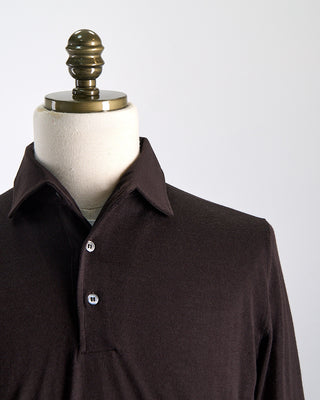Filippo De Laurentiis Elegant Stand Up Collar Long Sleeve Fine Merino Polo Chocolate 0 3