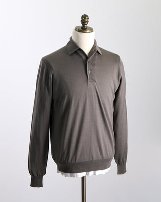 Filippo De Laurentiis Elegant Stand Up Collar Long Sleeve Fine Merino Polo Taupe 0