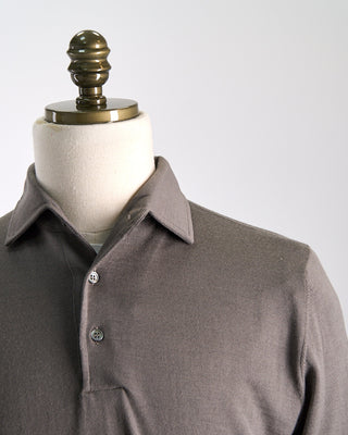 Filippo De Laurentiis Elegant Stand Up Collar Long Sleeve Fine Merino Polo Taupe 0 2
