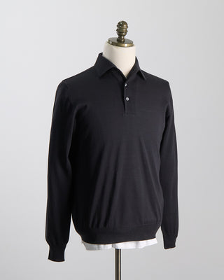 Filippo De Laurentiis Elegant Stand Up Collar Long Sleeve Fine Merino Polo Charcoal 1071