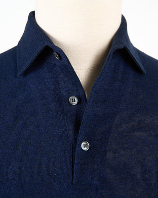 Filippo De Laurentiis Liquid Linen  Cotton Standup Collar Polo Shirt Navy 264