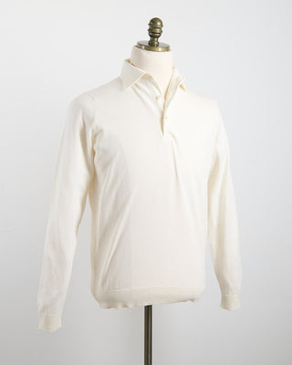 Filippo De Laurentiis Standup Collar Crêpe Cotton Long Sleeve Polo Shirt Off White 1679