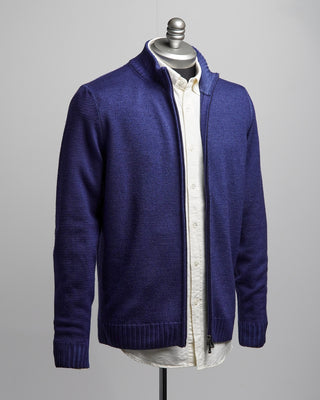 Ferrante Blue 7 Gauge Full Zip Frosted Garment Dyed Wool Sweater Blue  6