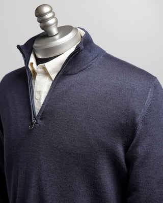 Ferrante Navy 12 Gauge Quarter Zip Frosted Garment Dyed Wool Sweater Navy  2