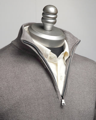 Ferrante Taupe 12 Gauge Quarter Zip Frosted Garment Dyed Wool Sweater Taupe  3