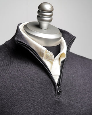 Ferrante Charcoal 12 Gauge Quarter Zip Frosted Garment Dyed Wool Sweater Charcoal  3