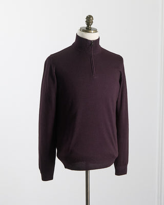 Ferrante Burgundy 12 Gauge Quarter Zip Frosted Garment Dyed Wool Sweater Burgundy 52