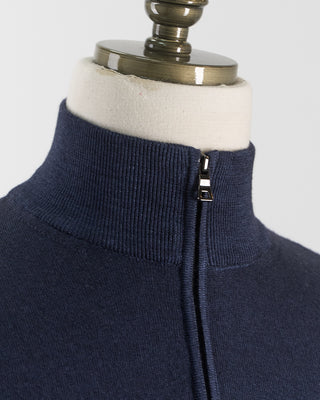 Ferrante Navy 12 Gauge Quarter Zip Frosted Garment Dyed Wool Sweater Navy 34