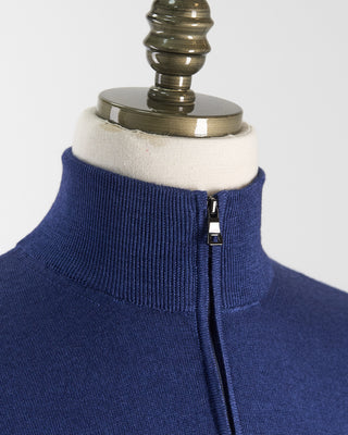 Ferrante Blue 12 Gauge Quarter Zip Frosted Garment Dyed Wool Sweater Blue 48