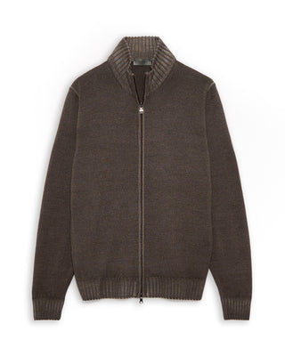 Ferrante Garment Dyed Merino Wool 7 Gauge Full Zip Cardigan Taupe 11 4942