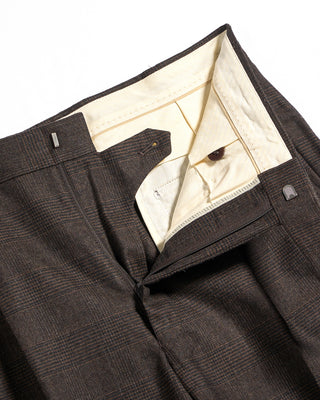 Echizenya Prince Of Wales Super 120s Light Flannel Double Pleated Dress Pants Chestnut 10 3528