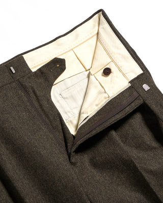 Echizenya Melange Homespun Wool Blend Double Pleated Dress Pant Olive  Brown 4 3551