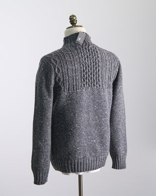 Inis Meain Donegal Maírtín Beag Cableknit Button Mock Sweater Grey  1