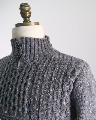 Inis Meain Donegal Maírtín Beag Cableknit Button Mock Sweater Grey  11