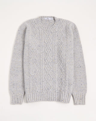 Inis Meain Light Grey Donegal Wool Cashmere Aran Ridges Cableknit Crewneck Sweater Silver 8 3003