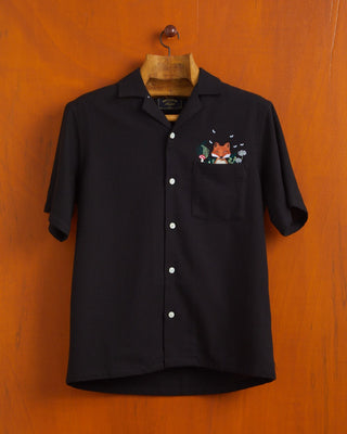 Portuguese Flannel Pique Fox Embroidery Camp Collar Shirt Black ss24