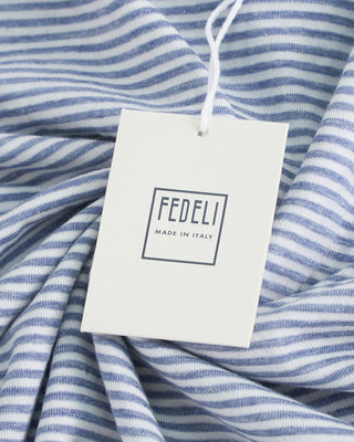 Fedeli Cotton Linen Horizontal Stripe Polo Blue  5
