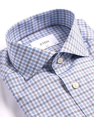 Eton Three Colour Check Slim Shirt Light Blue 2 4012