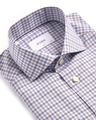 Eton Three Colour Check Slim Shirt Brown  Blue 2 4022
