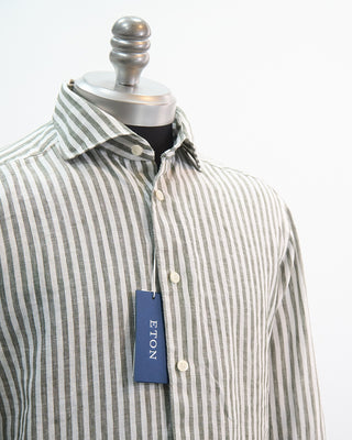 Eton Wide Spread Striped Slim Linen Shirt Green 1 2
