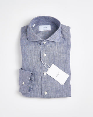 Eton Dark Blue Solid Twill Linen Shirt Navy 1834