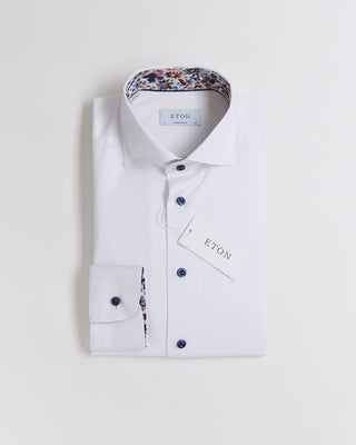 Eton Floral Trim W Navy Buttons Contemporary Shirt White 490