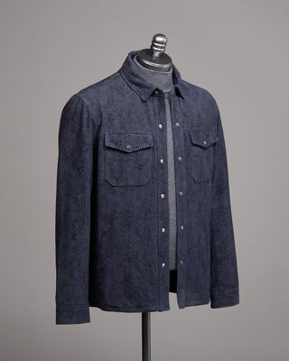 John Varvatos Jonah Printed Herringbone Leather Shirt Jacket Navy 2 5223