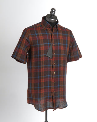 Blazer For Men Rust Brown Check Pattern Short Sleeve Shirt