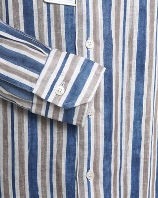 Orian Watercolour Blue Tan Stripe Linen Slim Fit Shirt 