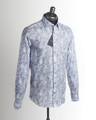 Emanuel Berg Modern Fit Blue Exotic Flower Print Dobby Sport Shirt 