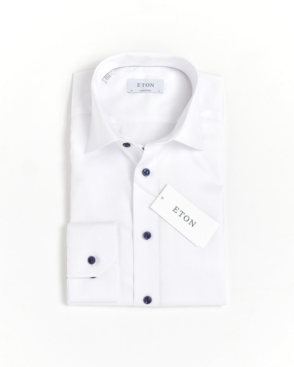 Eton Signature White Twill Contemporary Shirt with Navy Buttons