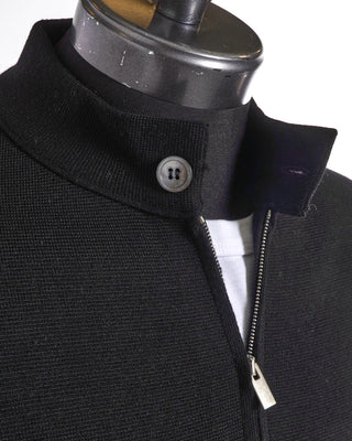 Filippo De Laurentiis Black Merino Wool Full Zip Knit Bomber Collar Detail