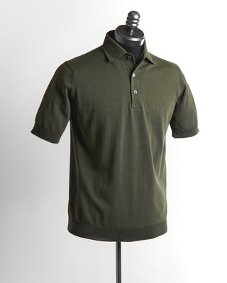Filippo De Laurentiis Standup Collar Olive Green Crepe Cotton Polo Shirt 