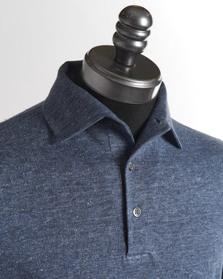 Filippo De Laurentiis Denim Blue Standup Collar Linen Polo Shirt 