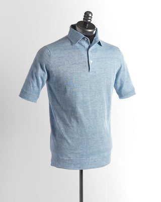 Filippo De Laurentiis Standup Collar Light Blue Linen Polo Shirt 
