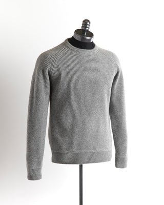 Gim Light Grey Super 160's Lambswool Fisherman Crewneck Sweater