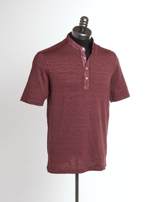 Gran Sasso Berry Red Stretch Linen Henley Short Sleeve T-Shirt 