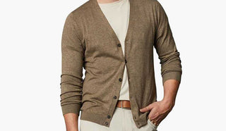 Picture of man wearing a light button-down sweater from 34 Heritage